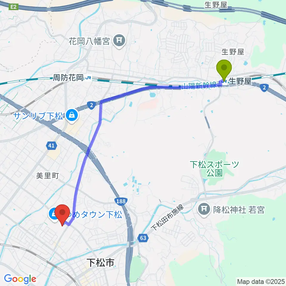 生野屋駅からスターピアくだまつ 下松市文化会館へのルートマップ地図