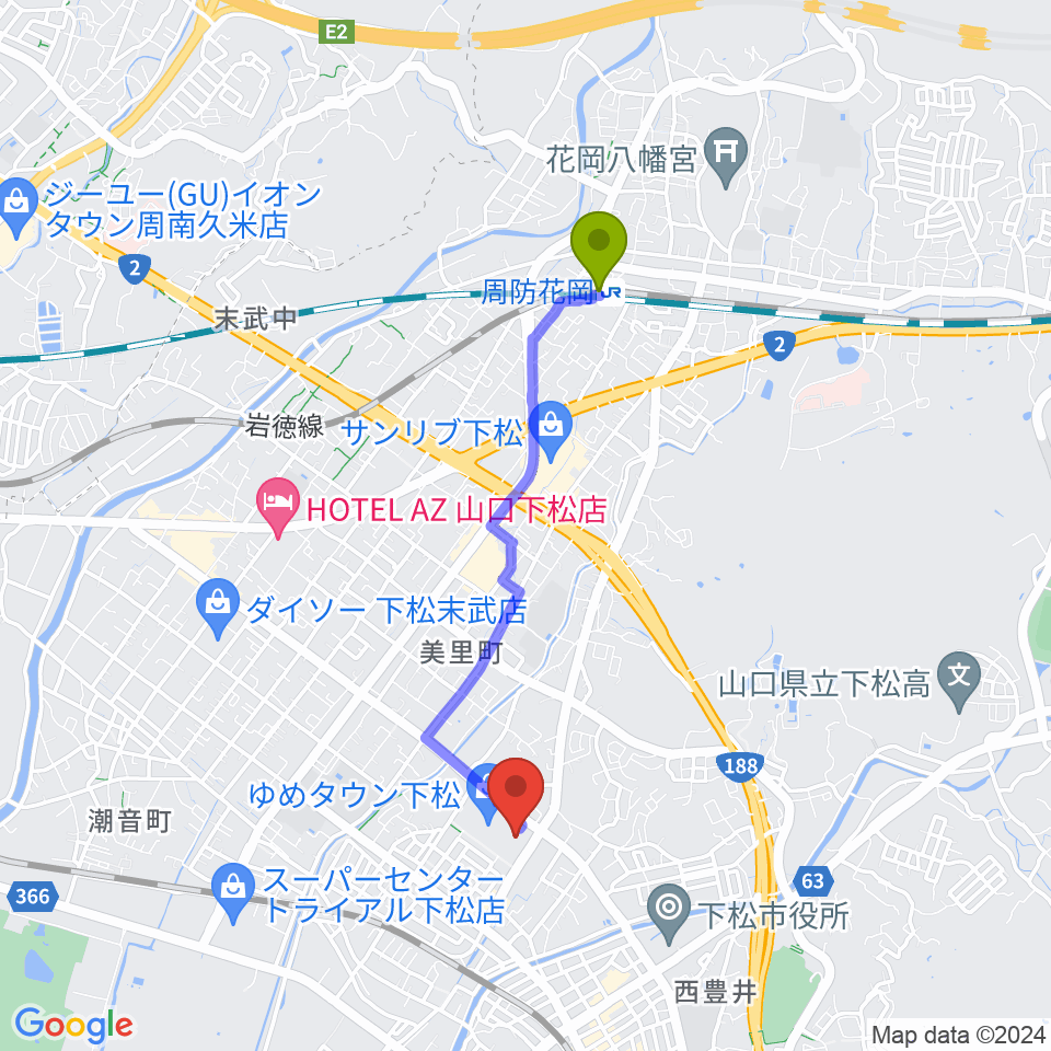 周防花岡駅からスターピアくだまつ 下松市文化会館へのルートマップ地図