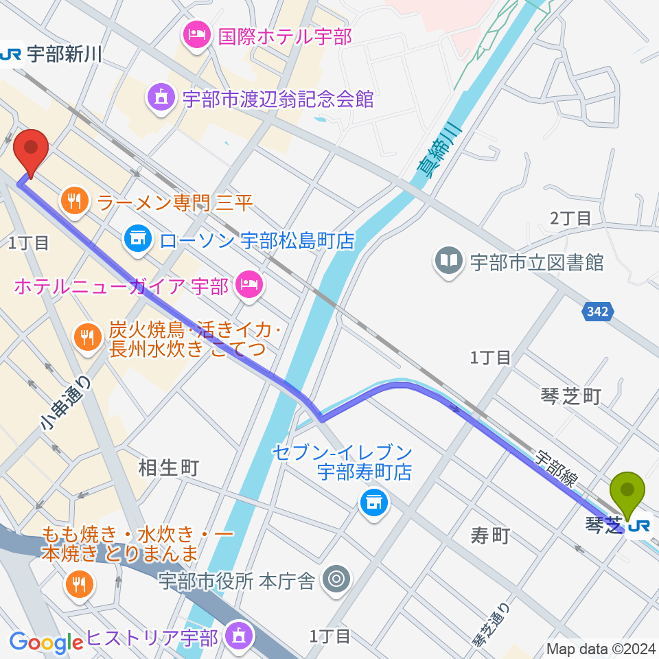 琴芝駅から宇部ビッグヒップへのルートマップ地図