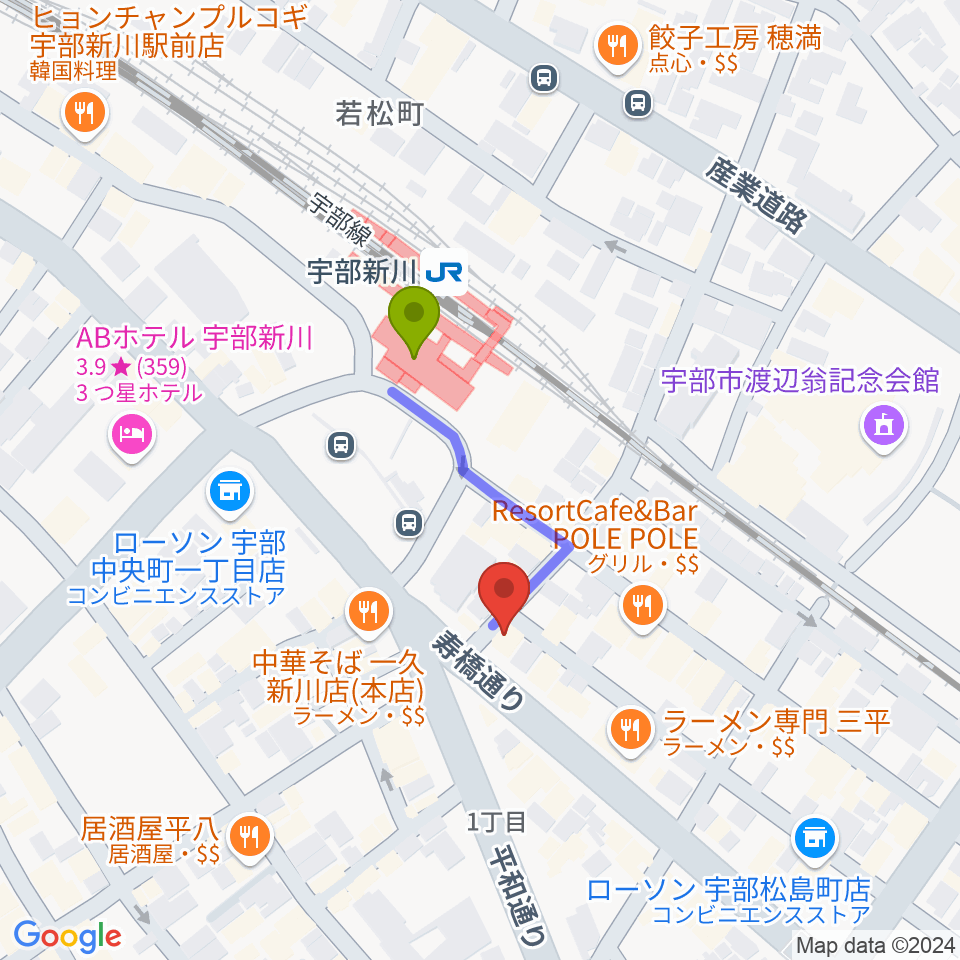 宇部ビッグヒップの最寄駅宇部新川駅からの徒歩ルート（約2分）地図