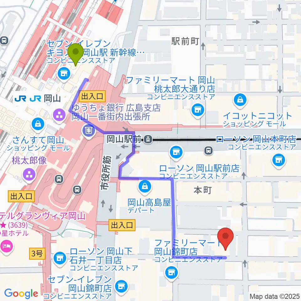岡山駅からクレイジーママ セカンドルームへのルートマップ地図