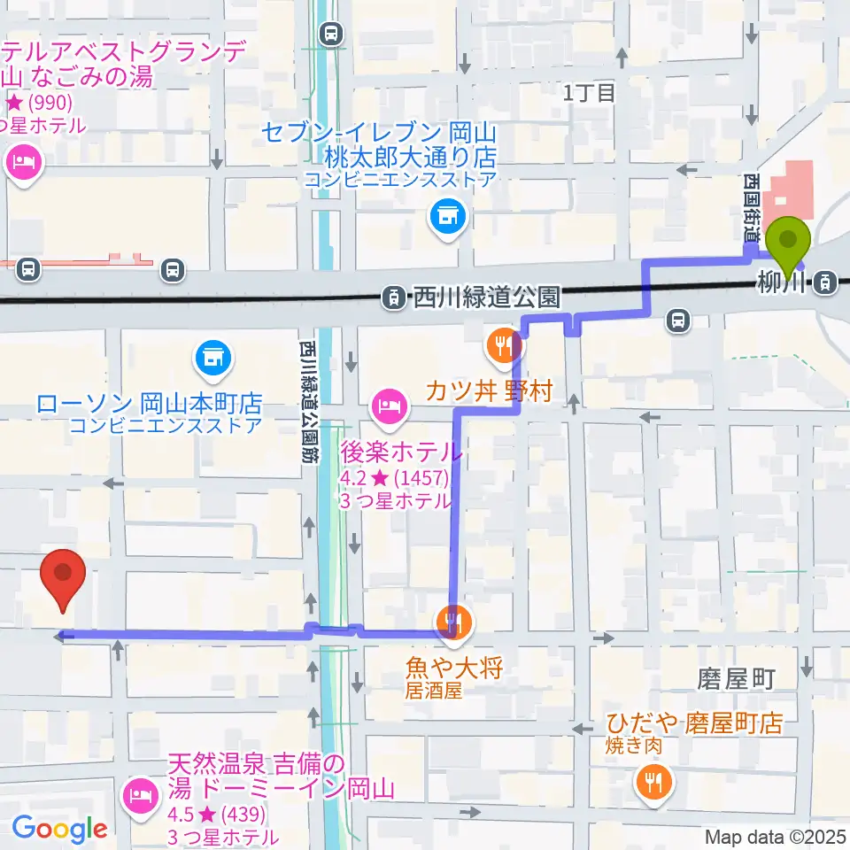 柳川駅からクレイジーママ セカンドルームへのルートマップ地図
