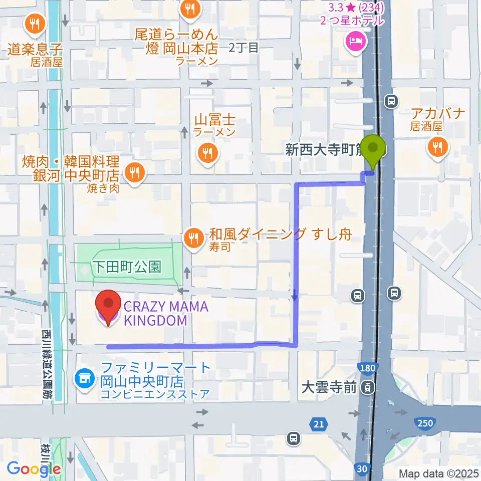 新西大寺町筋駅から岡山クレイジーママキングダムへのルートマップ地図