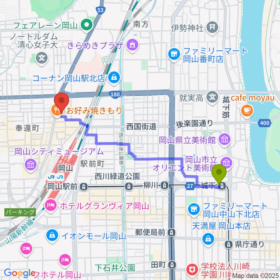 城下駅からオルガホールへのルートマップ地図