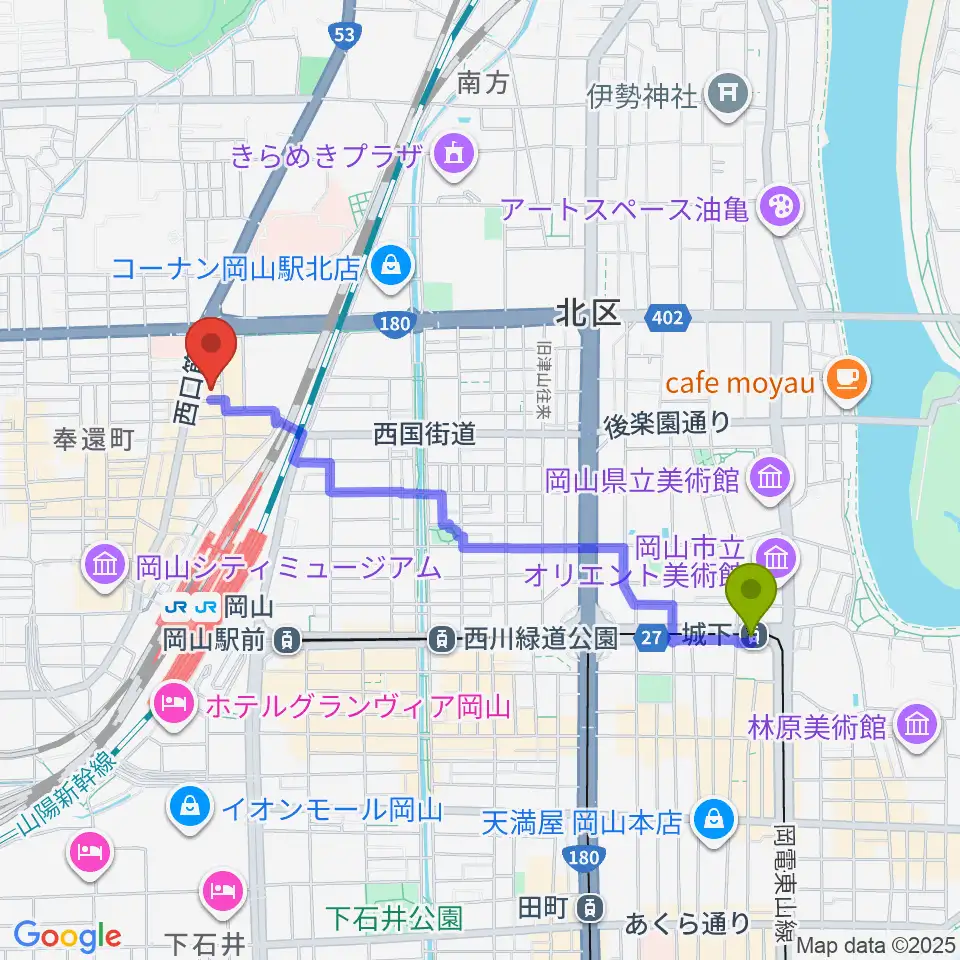 城下駅からオルガホールへのルートマップ地図