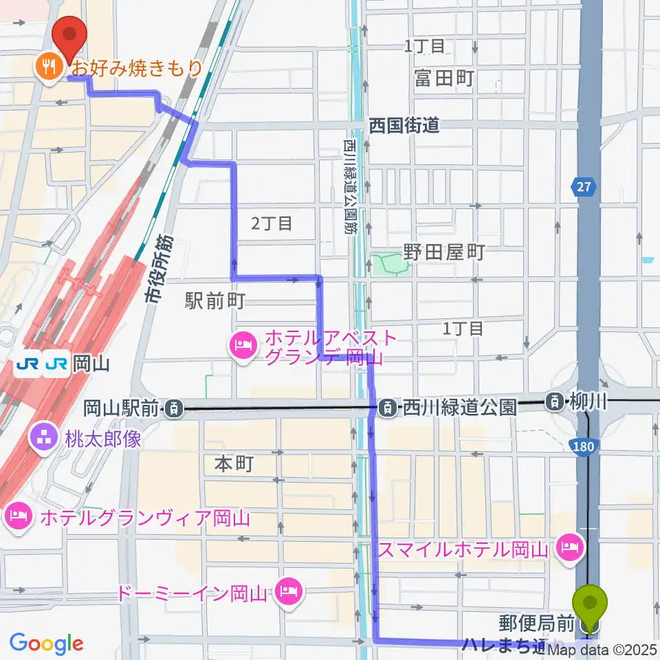 郵便局前駅からオルガホールへのルートマップ地図