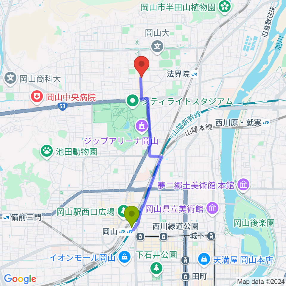 岡山駅から岡山ペパーランドへのルートマップ地図