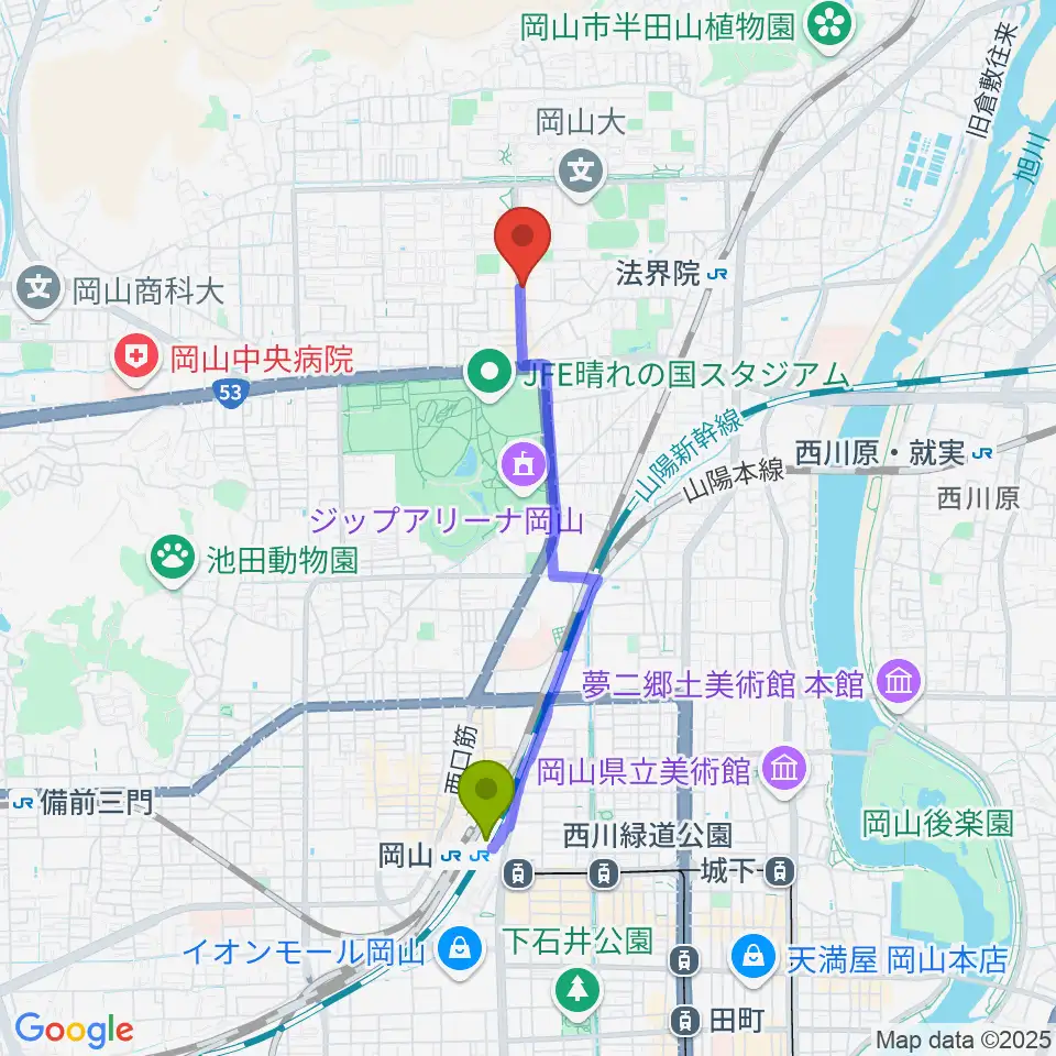 岡山駅から岡山ペパーランドへのルートマップ地図