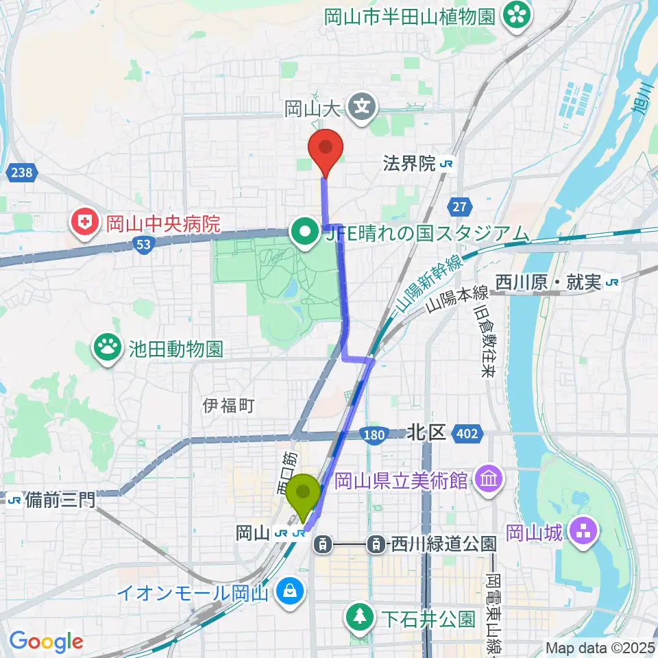 岡山駅から岡山ペパーランドへのルートマップ地図