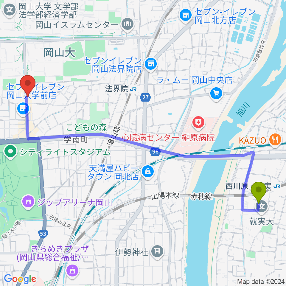 西川原駅から岡山ペパーランドへのルートマップ地図