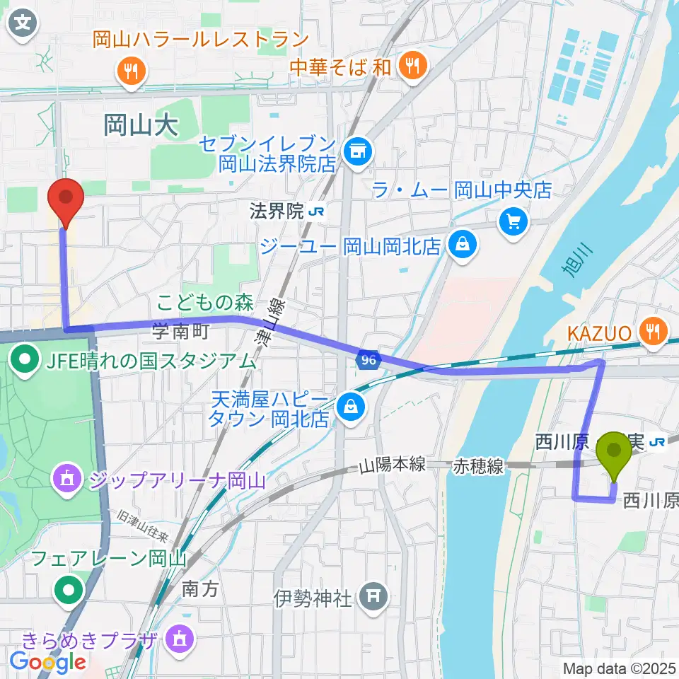 西川原駅から岡山ペパーランドへのルートマップ地図