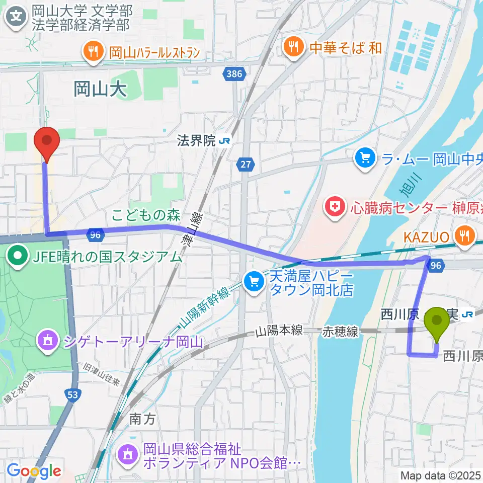 西川原駅から岡山ペパーランドへのルートマップ地図