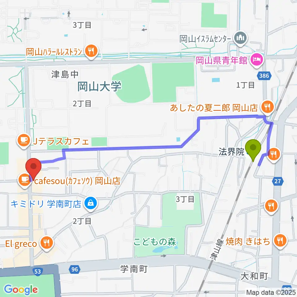 岡山ペパーランドの最寄駅法界院駅からの徒歩ルート（約12分）地図