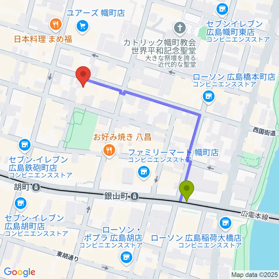 銀山町駅から広島CAVE-BEへのルートマップ地図