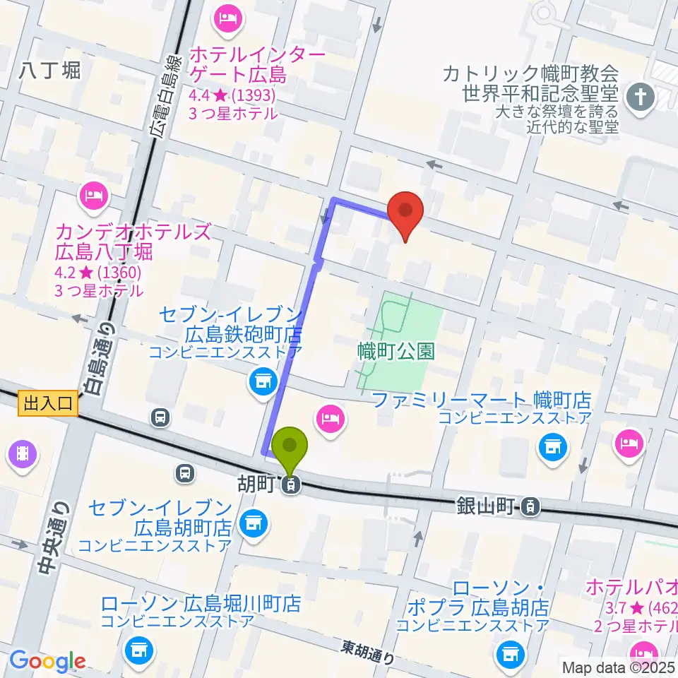 広島CAVE-BEの最寄駅胡町駅からの徒歩ルート（約3分）地図