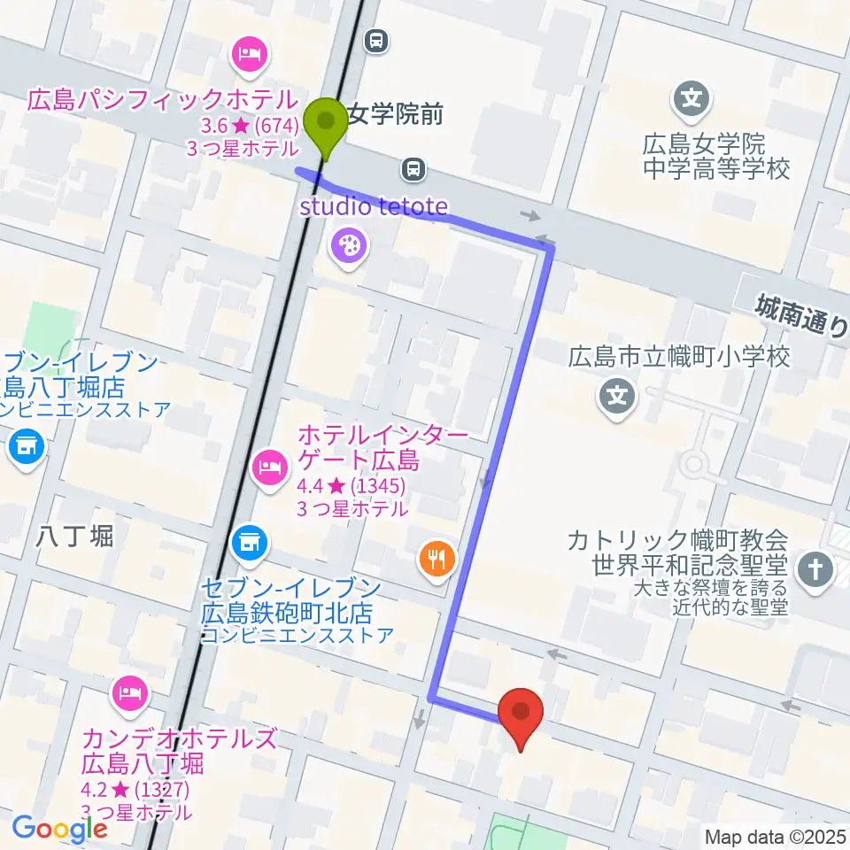 女学院前駅から広島CAVE-BEへのルートマップ地図