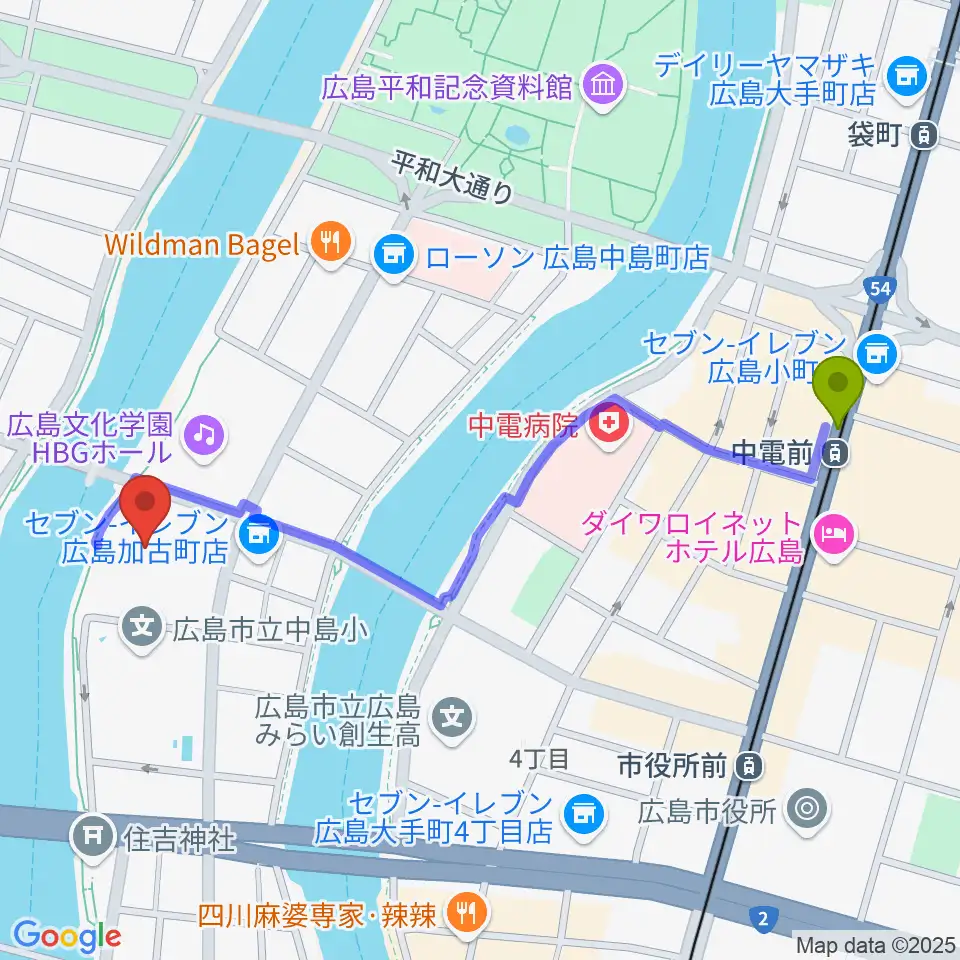 中電前駅から広島JMSアステールプラザへのルートマップ地図
