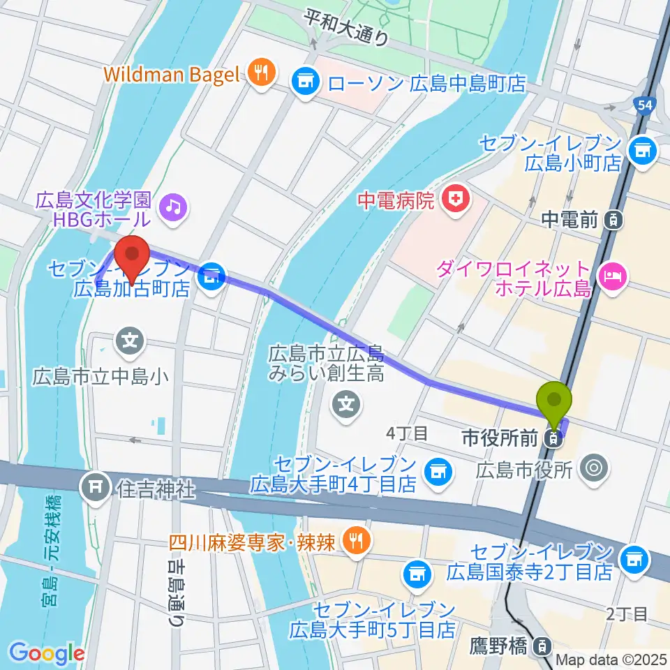 市役所前駅から広島JMSアステールプラザへのルートマップ地図