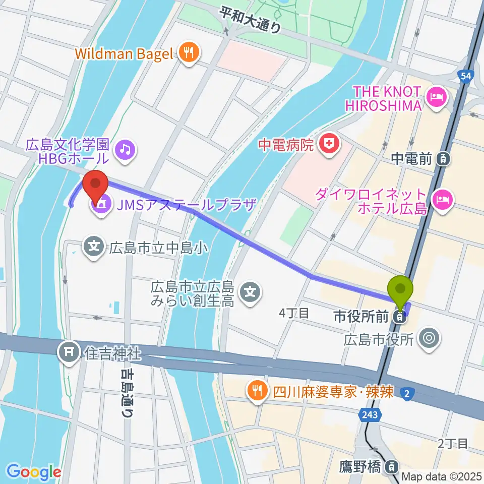 市役所前駅から広島JMSアステールプラザへのルートマップ地図