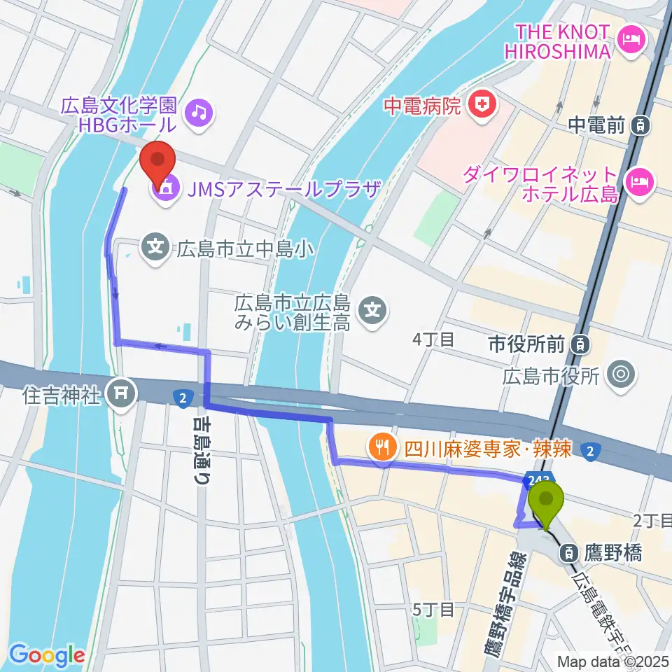 鷹野橋駅から広島JMSアステールプラザへのルートマップ地図