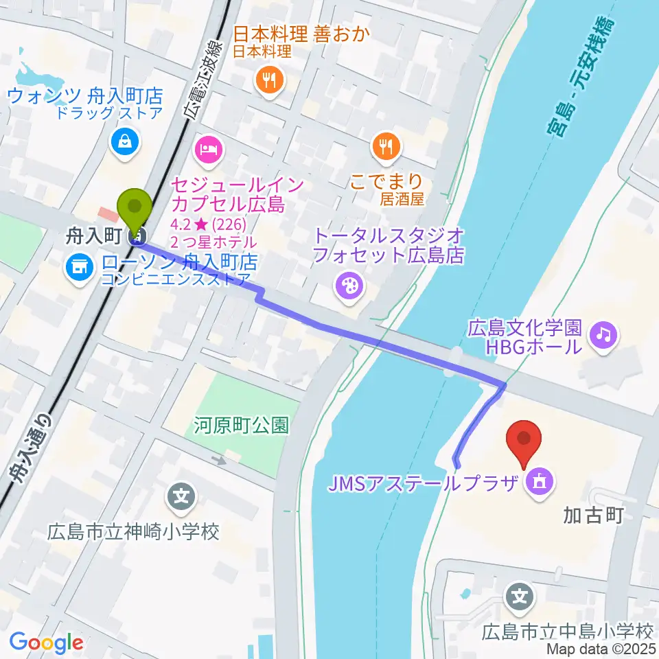 広島JMSアステールプラザの最寄駅舟入町駅からの徒歩ルート（約5分）地図