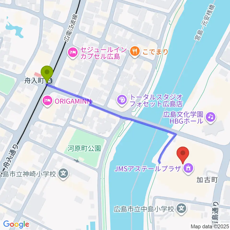 広島JMSアステールプラザの最寄駅舟入町駅からの徒歩ルート（約5分）地図
