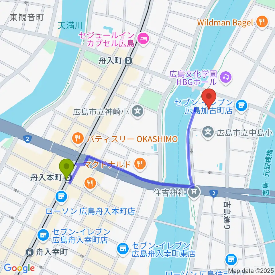 舟入本町駅から広島JMSアステールプラザへのルートマップ地図