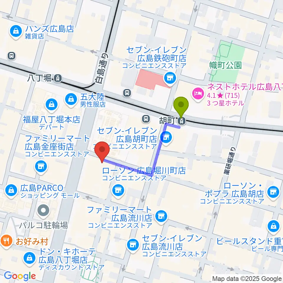 胡町駅から広島セカンドクラッチへのルートマップ地図