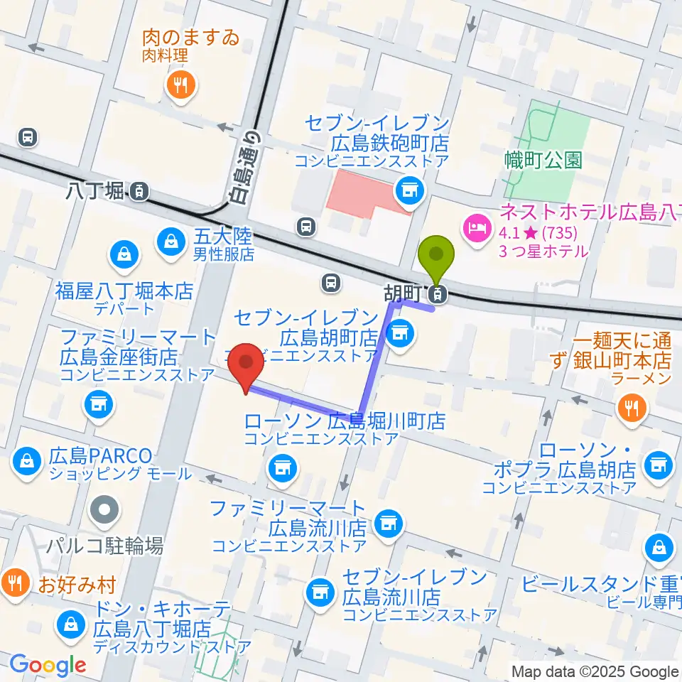 胡町駅から広島セカンドクラッチへのルートマップ地図