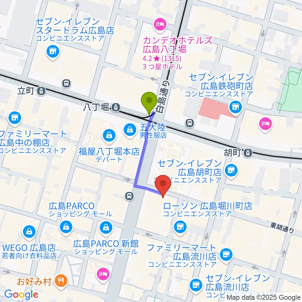 広島セカンドクラッチの最寄駅八丁堀駅からの徒歩ルート（約2分）地図