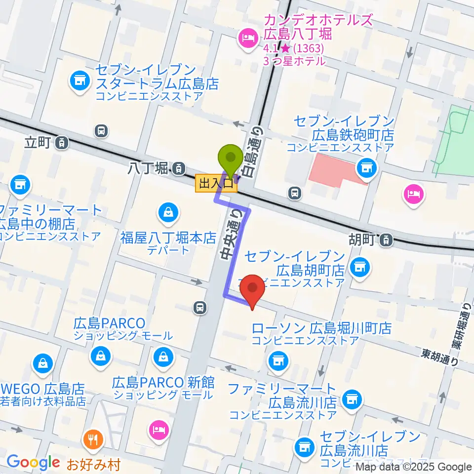 広島セカンドクラッチの最寄駅八丁堀駅からの徒歩ルート（約2分）地図