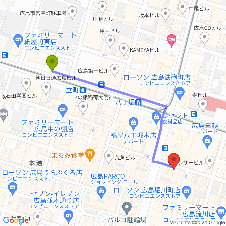 立町駅から広島セカンドクラッチへのルートマップ地図