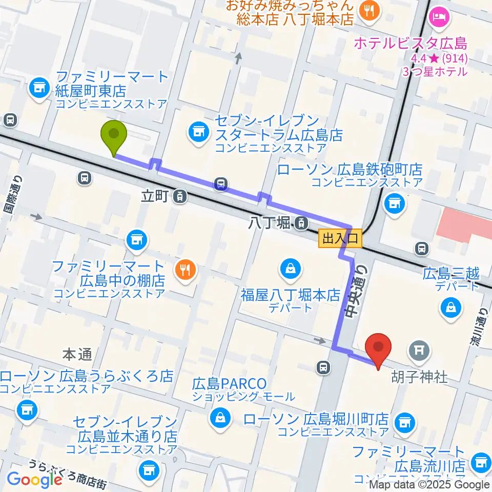 立町駅から広島セカンドクラッチへのルートマップ地図