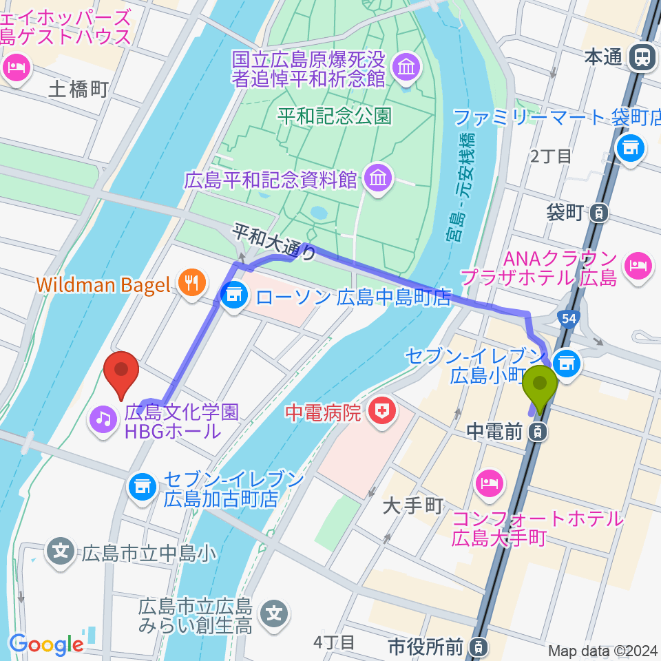 中電前駅から広島文化学園HBGホールへのルートマップ地図