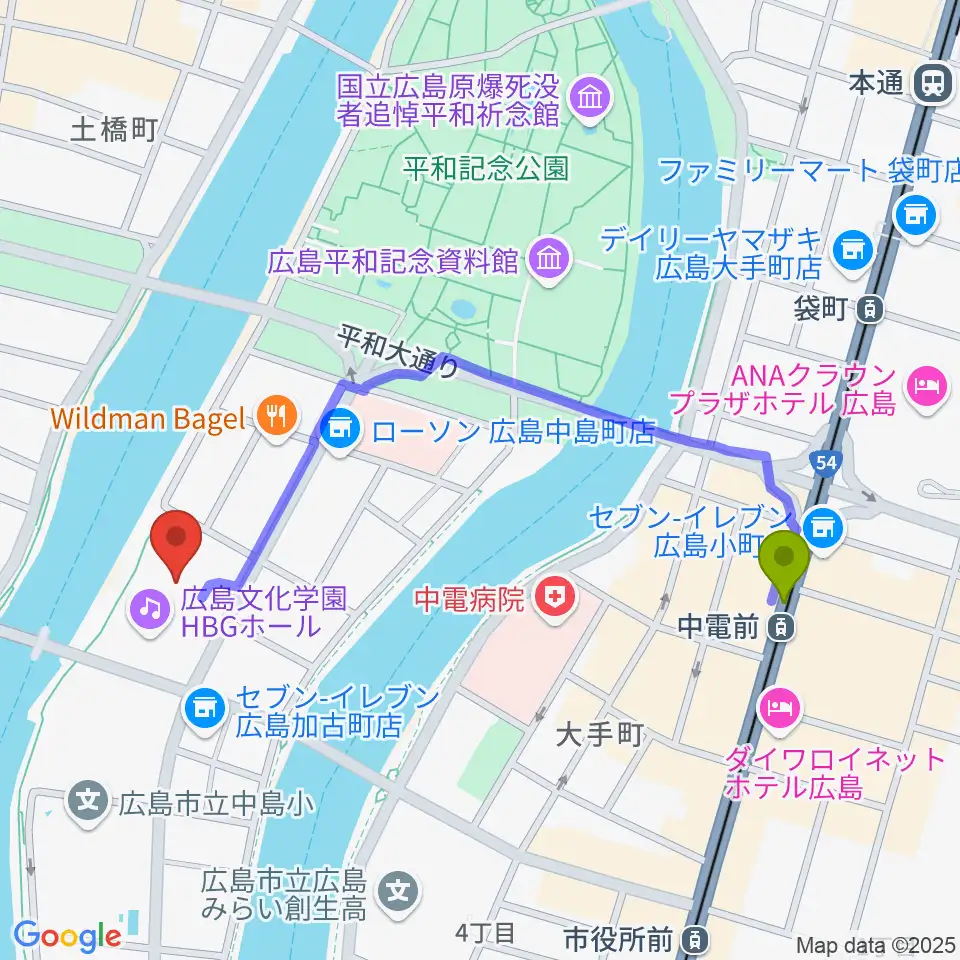 中電前駅から広島文化学園HBGホールへのルートマップ地図