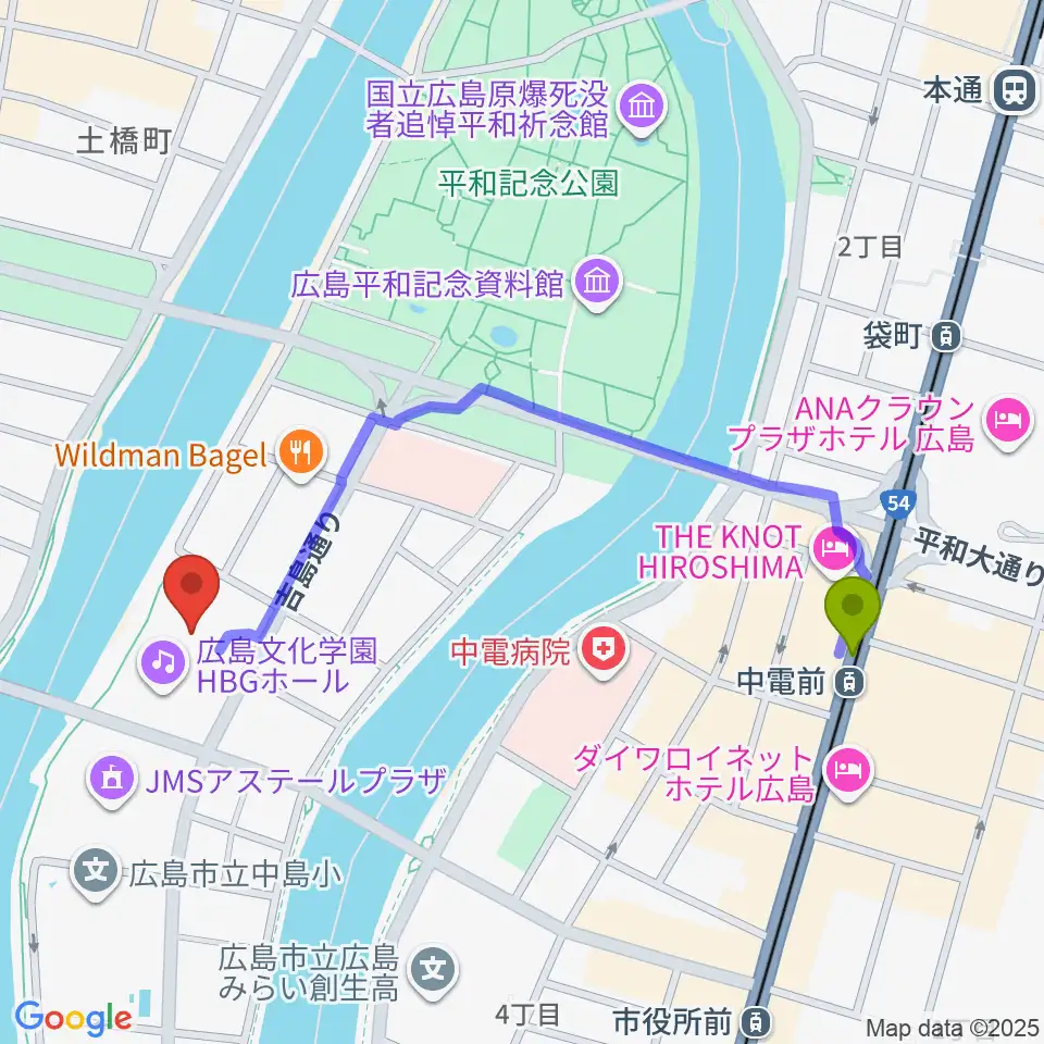 中電前駅から広島文化学園HBGホールへのルートマップ地図