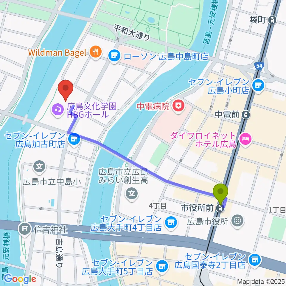 市役所前駅から広島文化学園HBGホールへのルートマップ地図