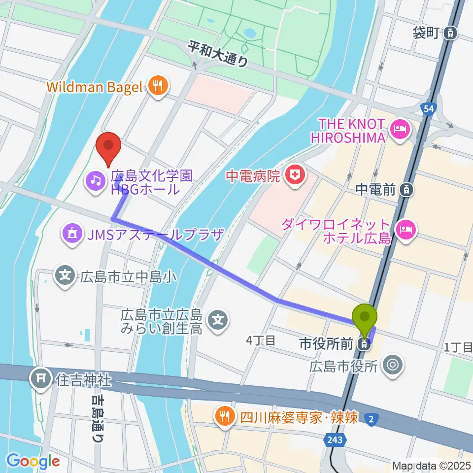 市役所前駅から広島文化学園HBGホールへのルートマップ地図