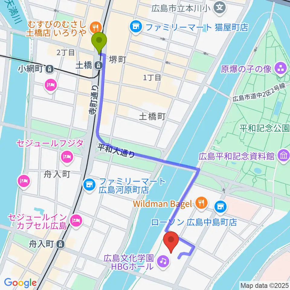 土橋駅から広島文化学園HBGホールへのルートマップ地図