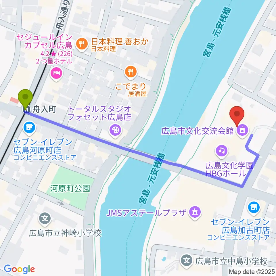 広島文化学園HBGホールの最寄駅舟入町駅からの徒歩ルート（約6分）地図