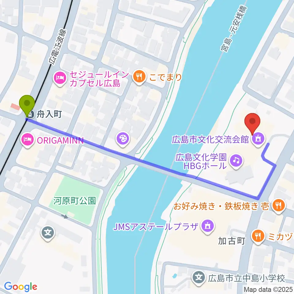 広島文化学園HBGホールの最寄駅舟入町駅からの徒歩ルート（約6分）地図