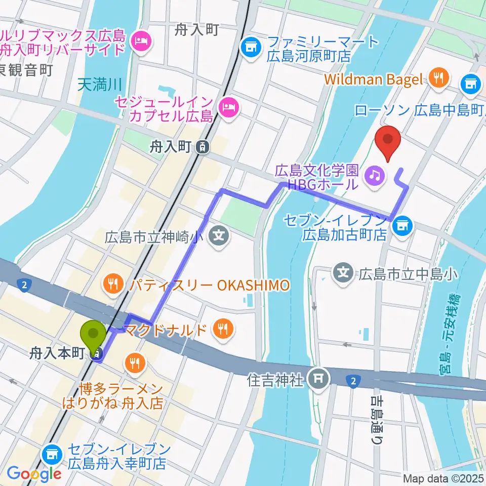 舟入本町駅から広島文化学園HBGホールへのルートマップ地図