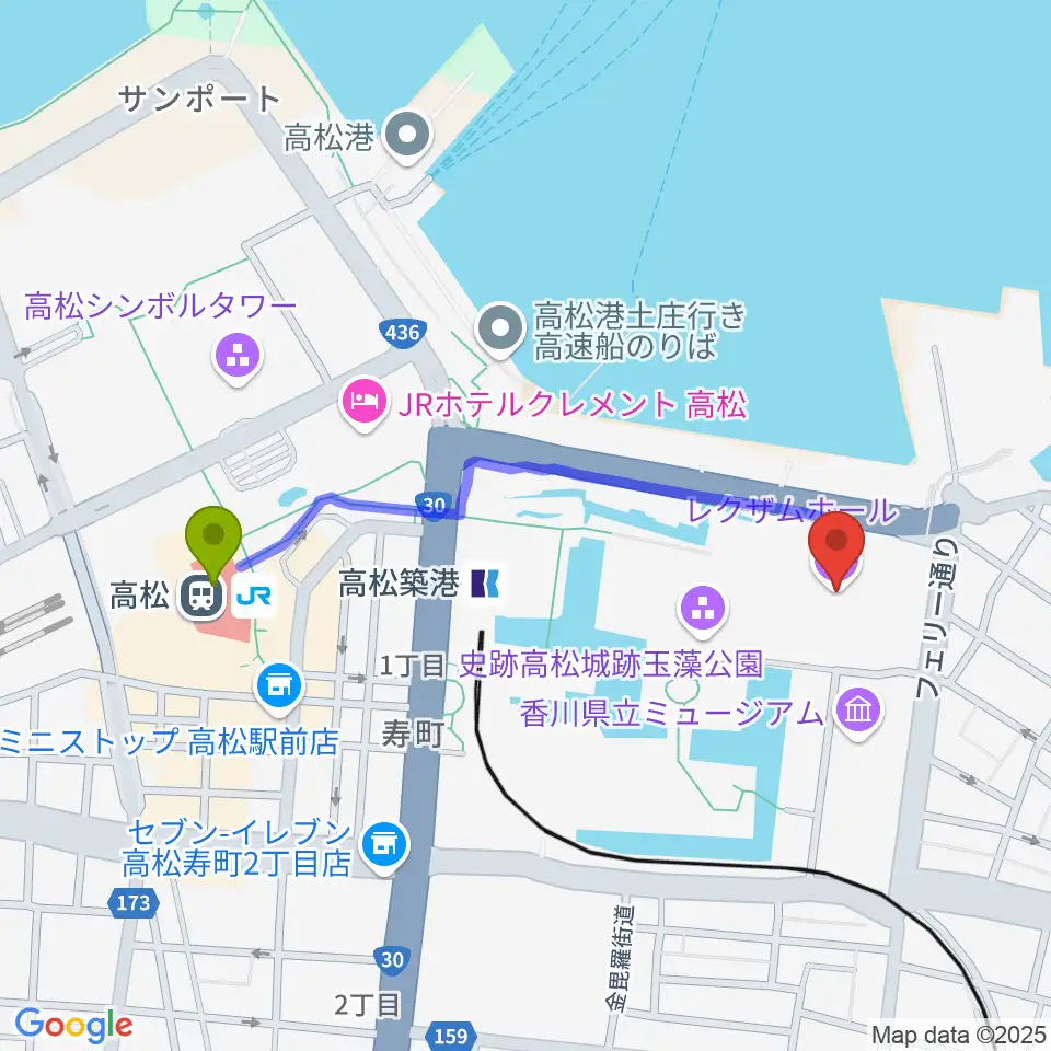 高松駅から香川レクザムホールへのルートマップ地図