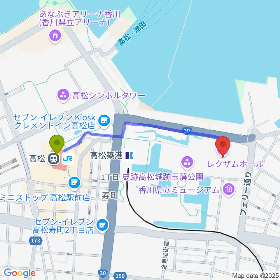 高松駅から香川レクザムホールへのルートマップ地図