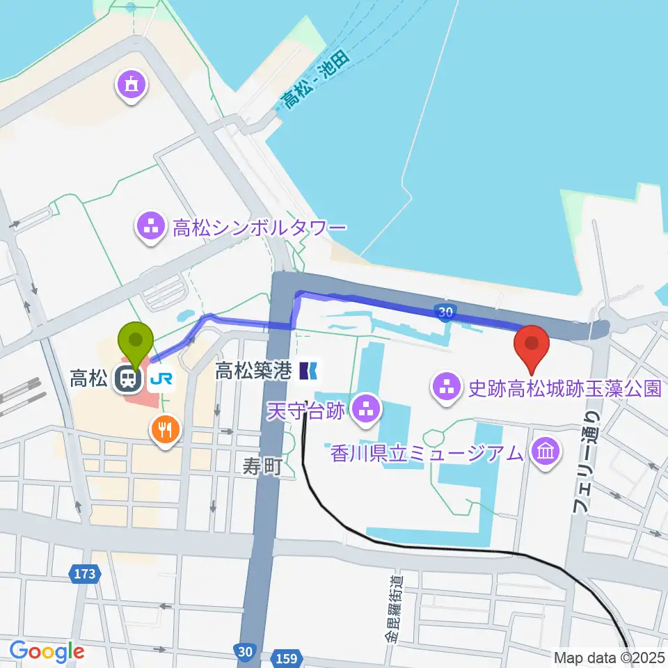 高松駅からレクザムホールへのルートマップ地図