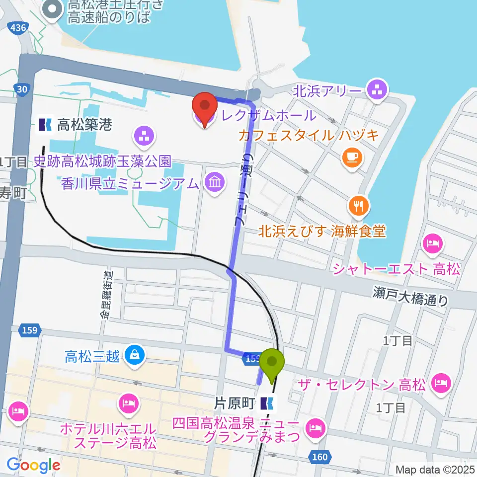 香川レクザムホールの最寄駅片原町駅からの徒歩ルート（約9分）地図