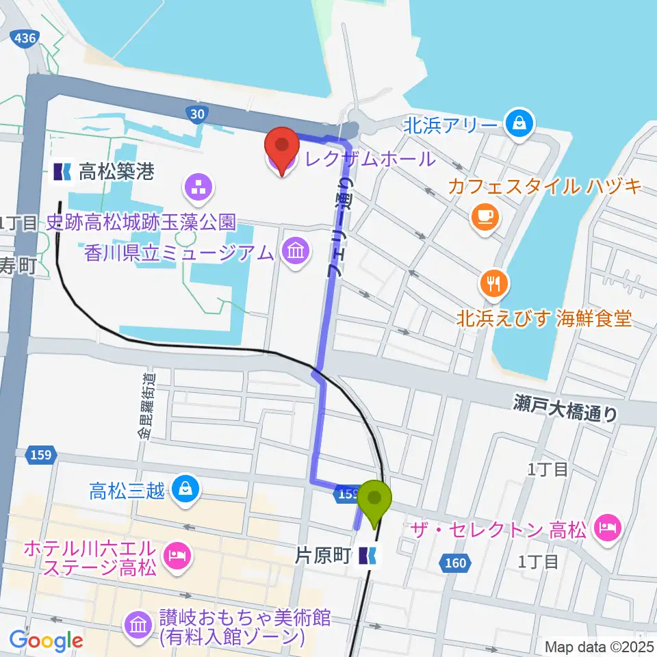 香川レクザムホールの最寄駅片原町駅からの徒歩ルート（約9分）地図