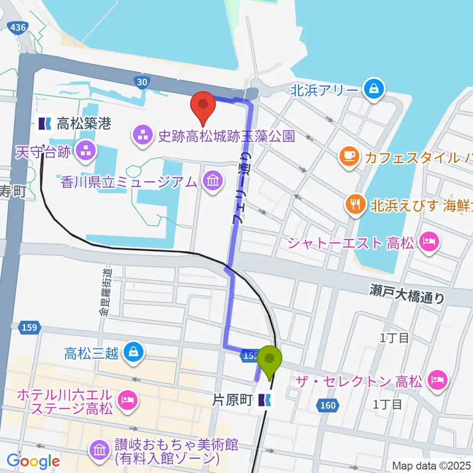 レクザムホールの最寄駅片原町駅からの徒歩ルート（約9分）地図