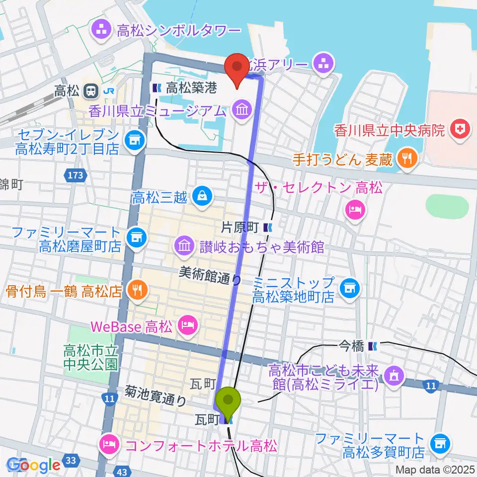 瓦町駅から香川レクザムホールへのルートマップ地図