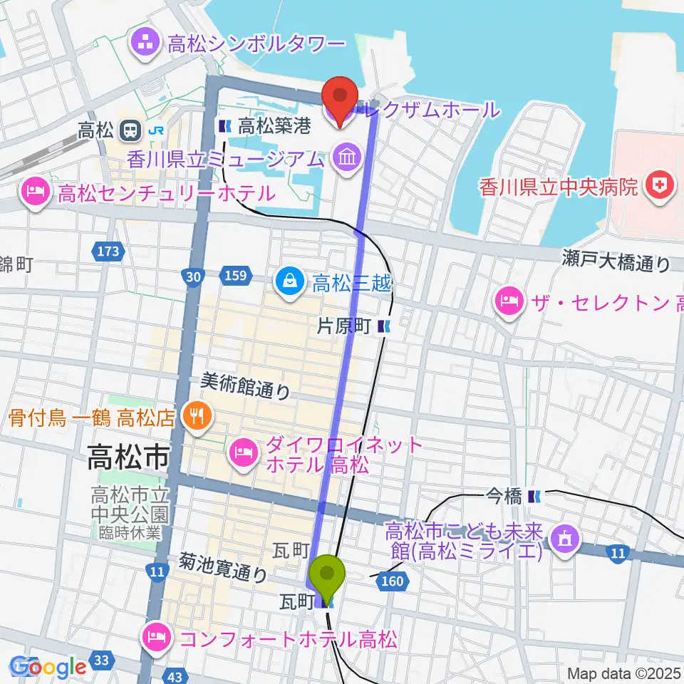 瓦町駅からレクザムホールへのルートマップ地図